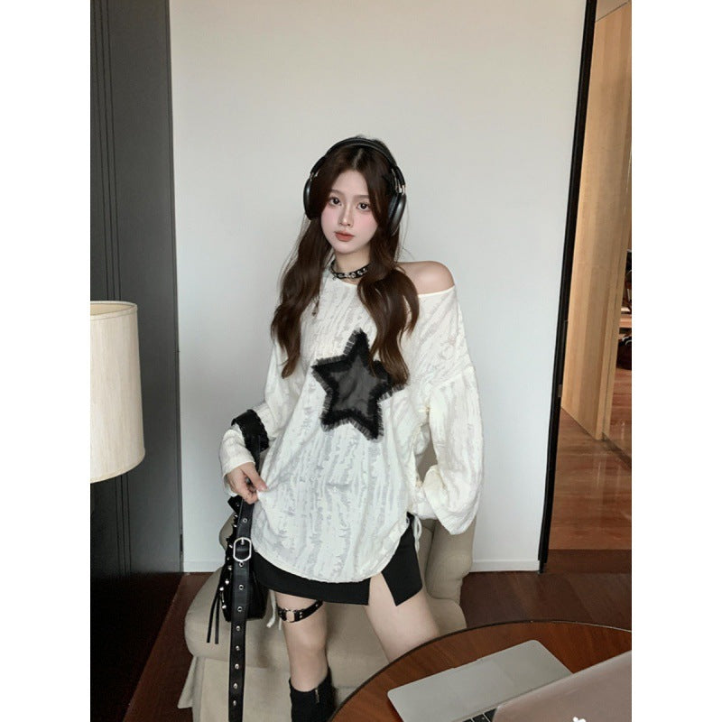 Women's Ripped Slant Shoulder Drawstring Cotton Blouse