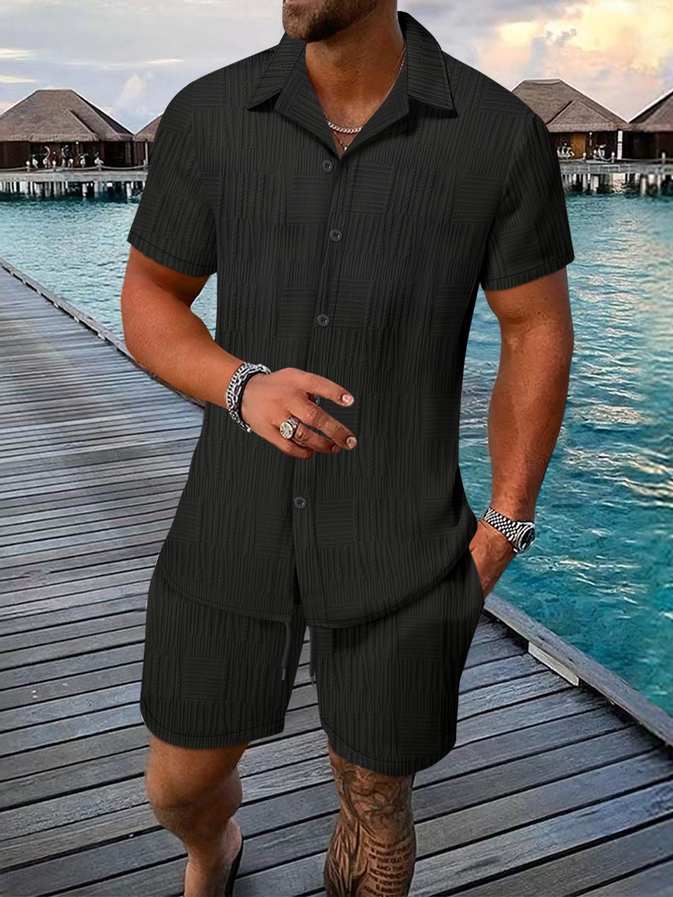 Men's Jacquard Short-Sleeve Shirt & Shorts Set - Summer Outfit