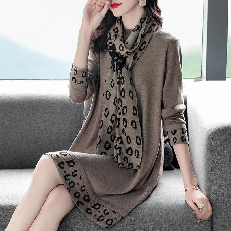Plus Size Scarf-Necked Midi Dress - Elegant Base Layer Dress