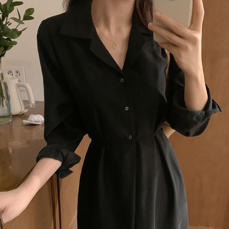 Korean Style Tie-Waist Shirt Dress with Slit - Chic & Trendy