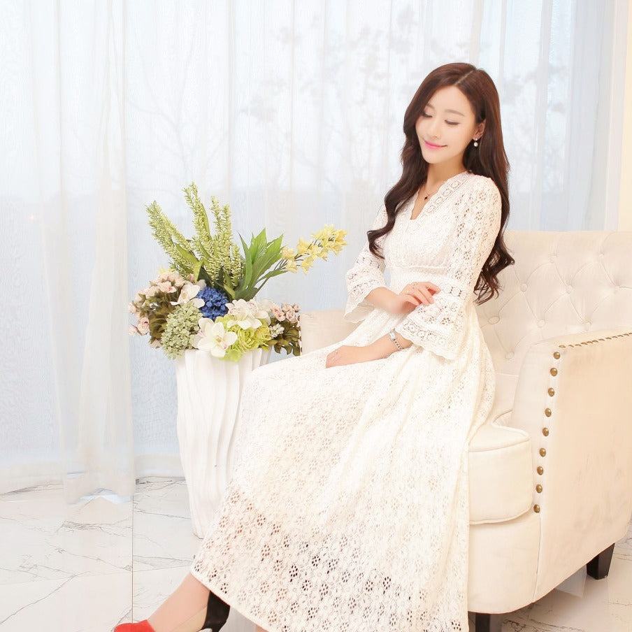 Summer Lace V-Neck Dress for Women - Romantic & Feminine