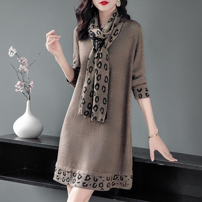 Plus Size Scarf-Necked Midi Dress - Elegant Base Layer Dress
