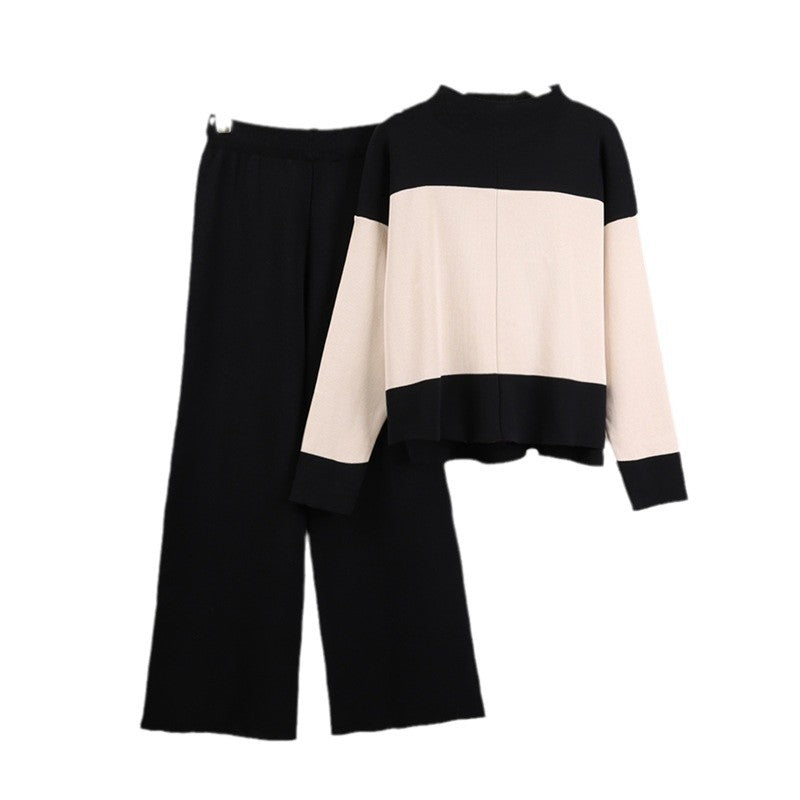 Loose Color-Blocked Sweater & Wide-Leg Pants Set - Cozy Outfit
