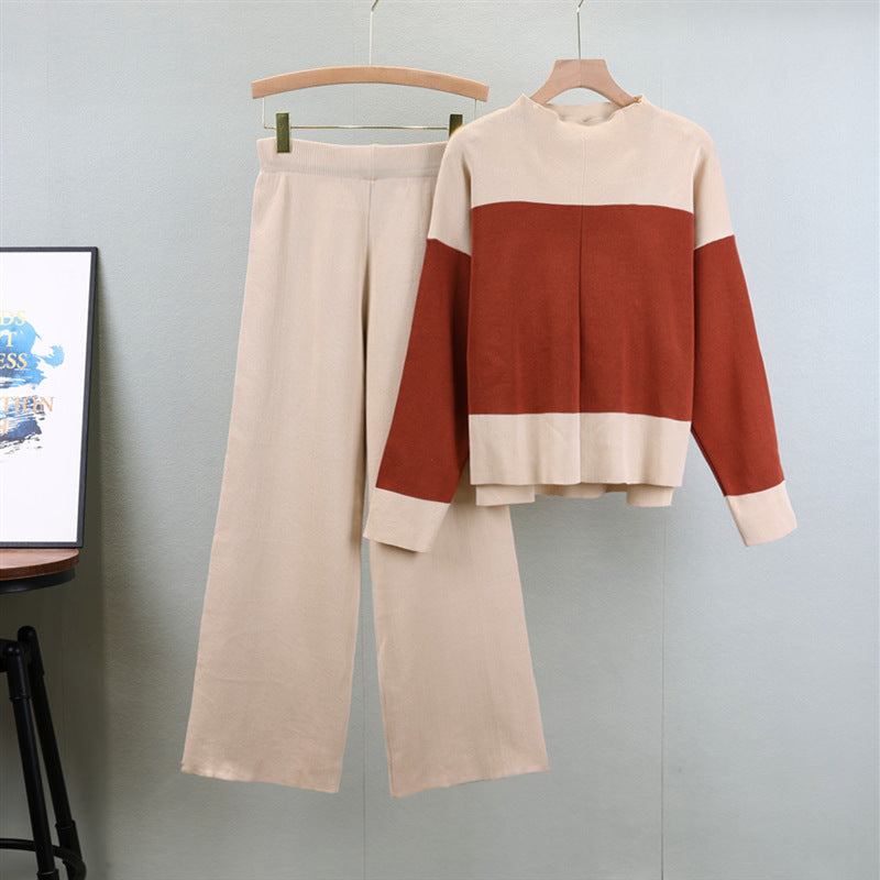 Loose Color-Blocked Sweater & Wide-Leg Pants Set - Cozy Outfit