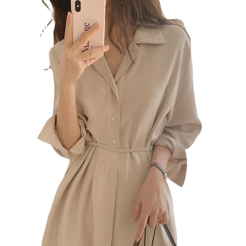 Korean Style Tie-Waist Shirt Dress with Slit - Chic & Trendy