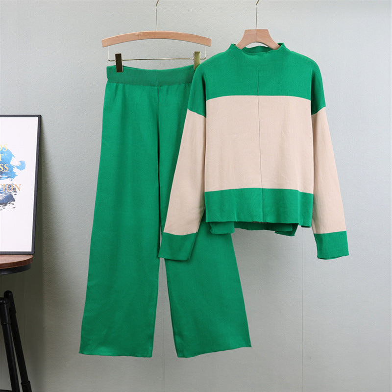 Loose Color-Blocked Sweater & Wide-Leg Pants Set - Cozy Outfit