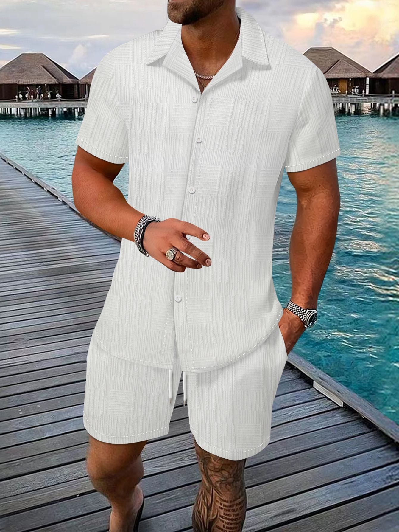 Men's Jacquard Short-Sleeve Shirt & Shorts Set - Summer Outfit