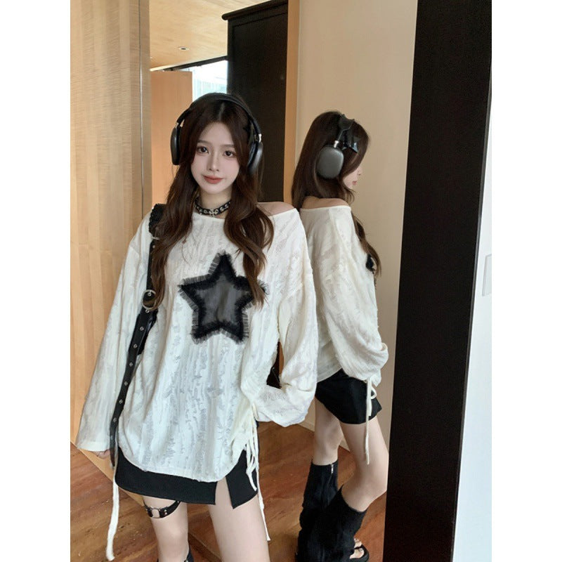 Women's Ripped Slant Shoulder Drawstring Cotton Blouse