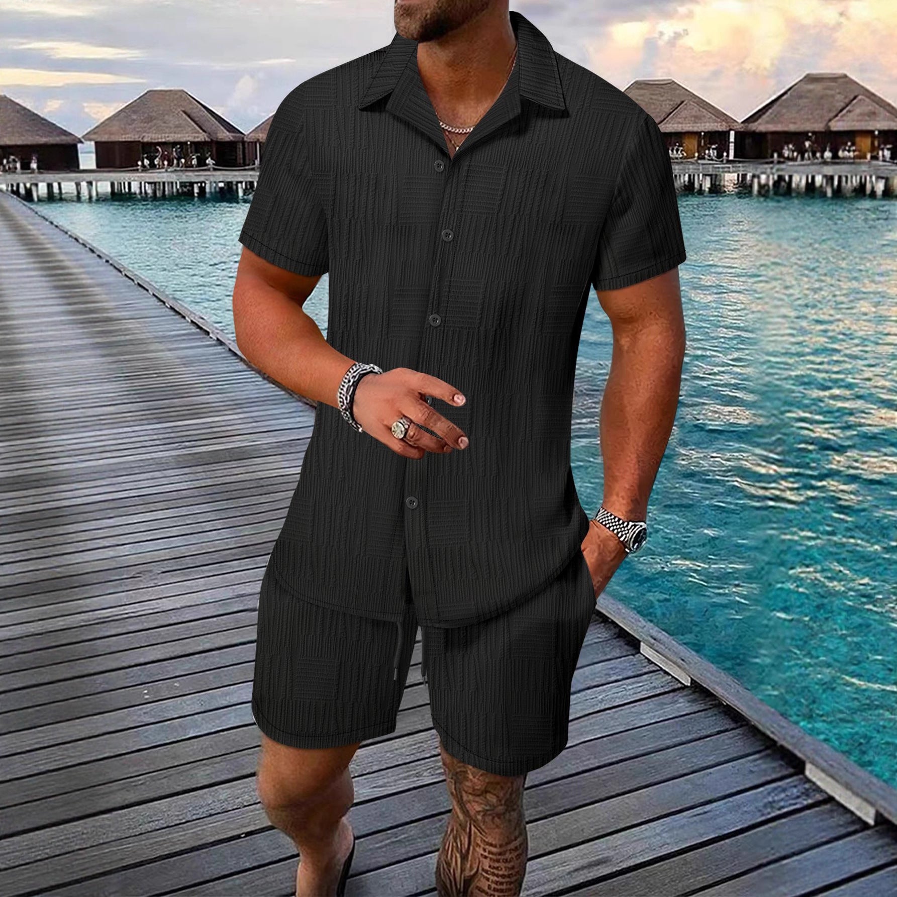 Men's Jacquard Short-Sleeve Shirt & Shorts Set - Summer Outfit