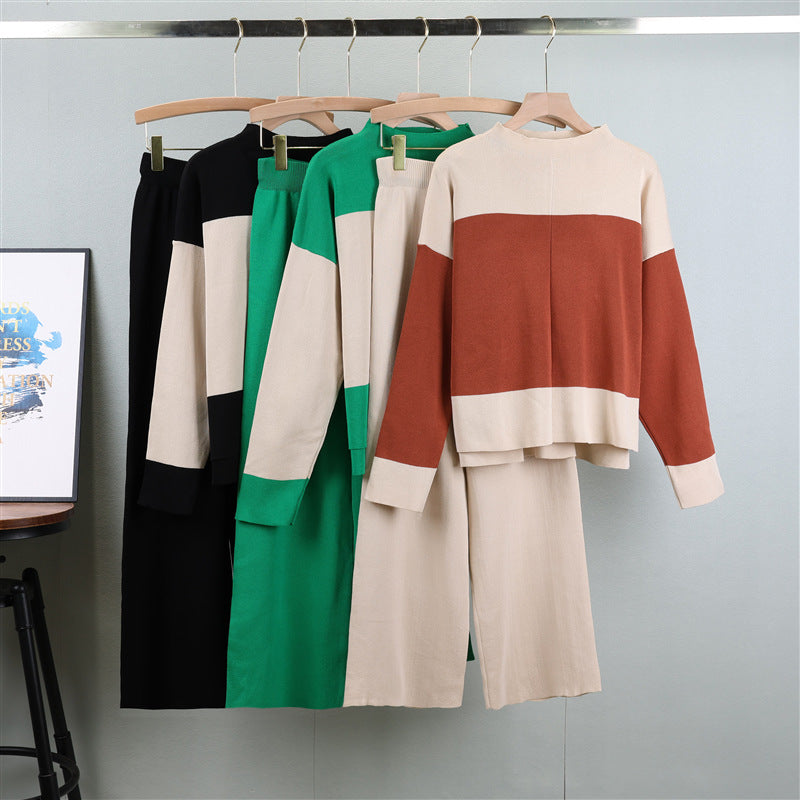 Loose Color-Blocked Sweater & Wide-Leg Pants Set - Cozy Outfit