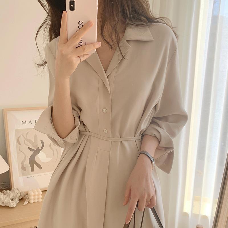 Korean Style Tie-Waist Shirt Dress with Slit - Chic & Trendy