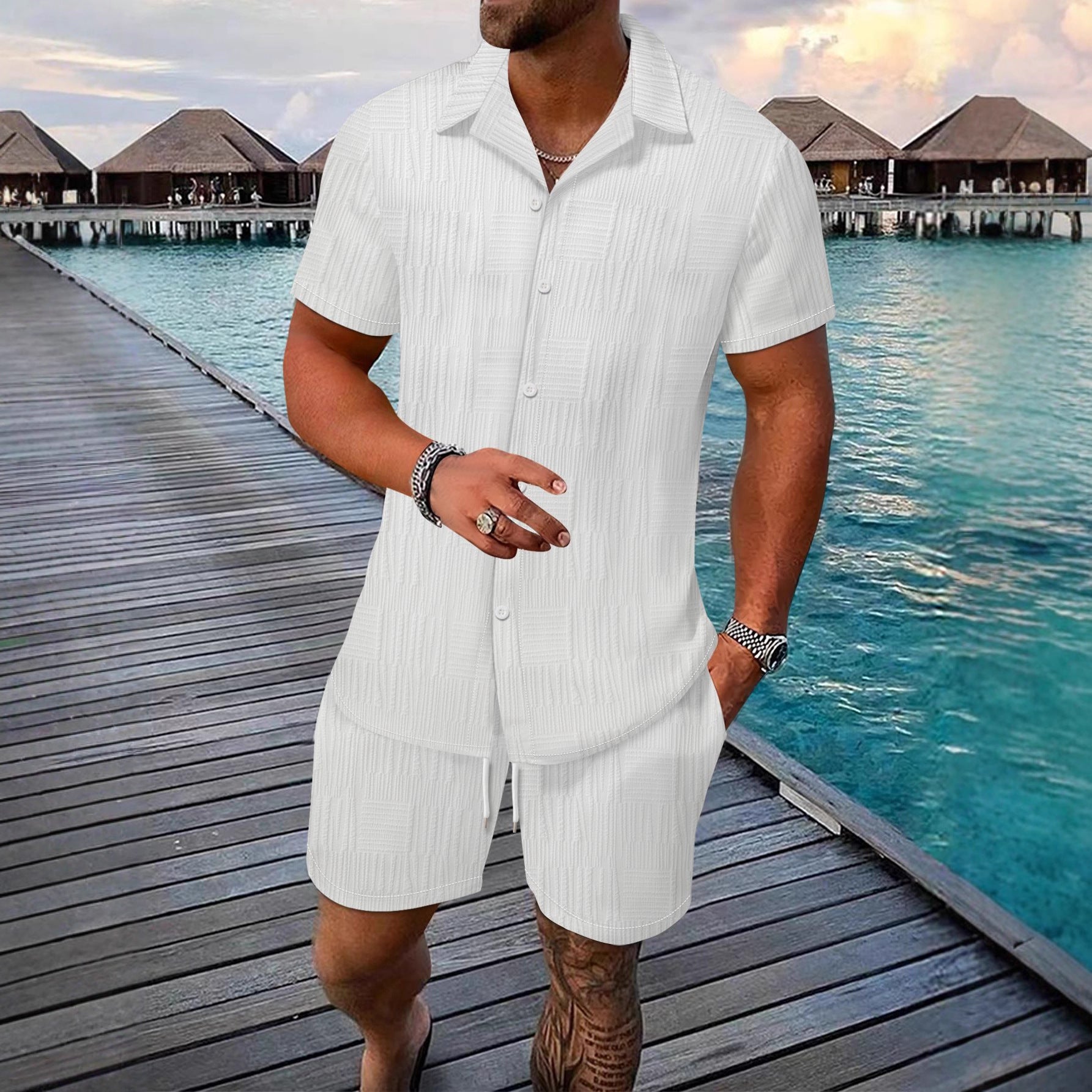 Men's Jacquard Short-Sleeve Shirt & Shorts Set - Summer Outfit