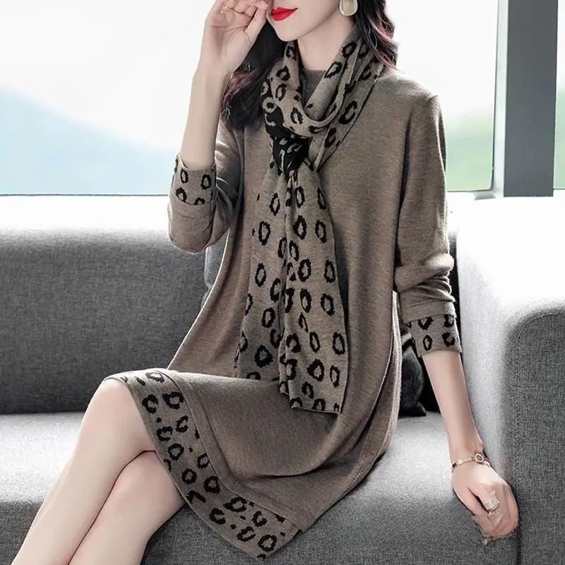 Plus Size Scarf-Necked Midi Dress - Elegant Base Layer Dress