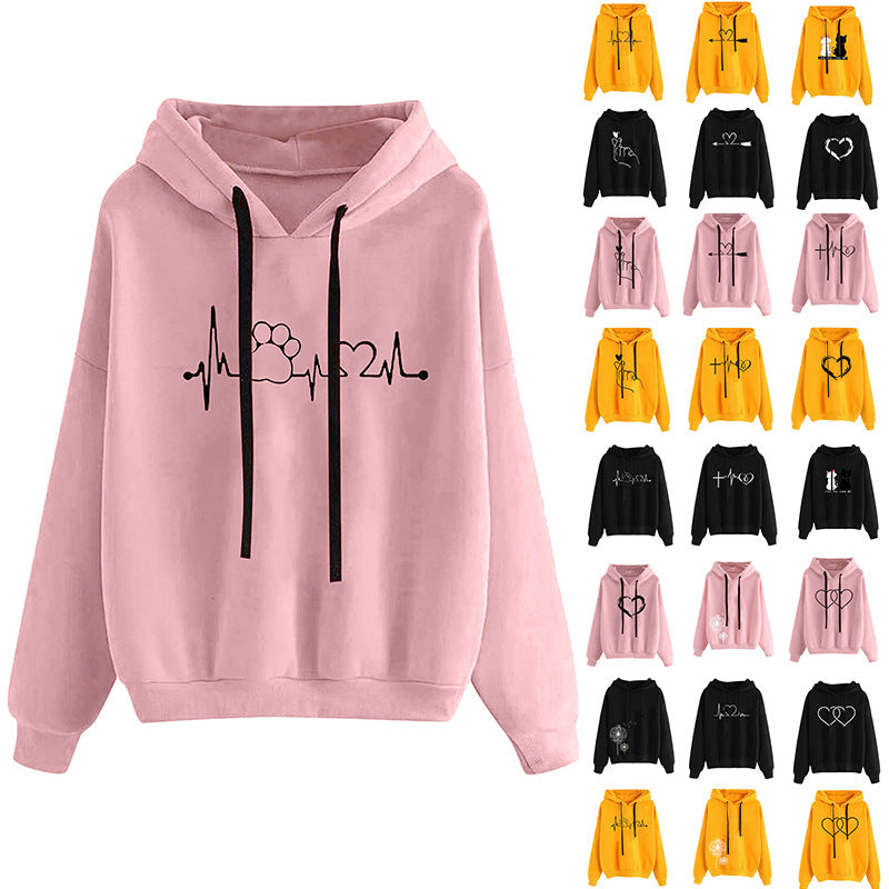 Women's Hooded Sweatshirt - Loose Fit Printed Pullover