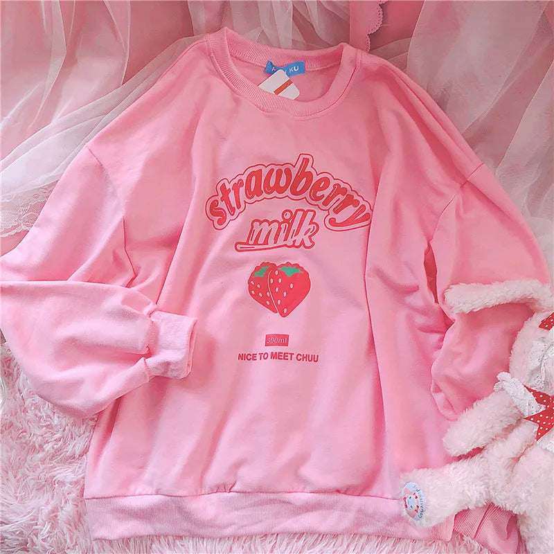 Cute Strawberry Print Cotton Hoodie - Cozy Pullover