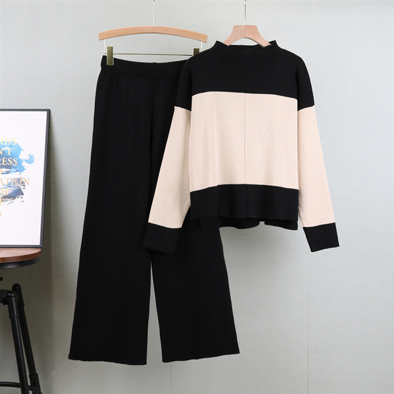 Loose Color-Blocked Sweater & Wide-Leg Pants Set - Cozy Outfit