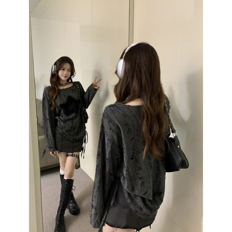 Women's Ripped Slant Shoulder Drawstring Cotton Blouse