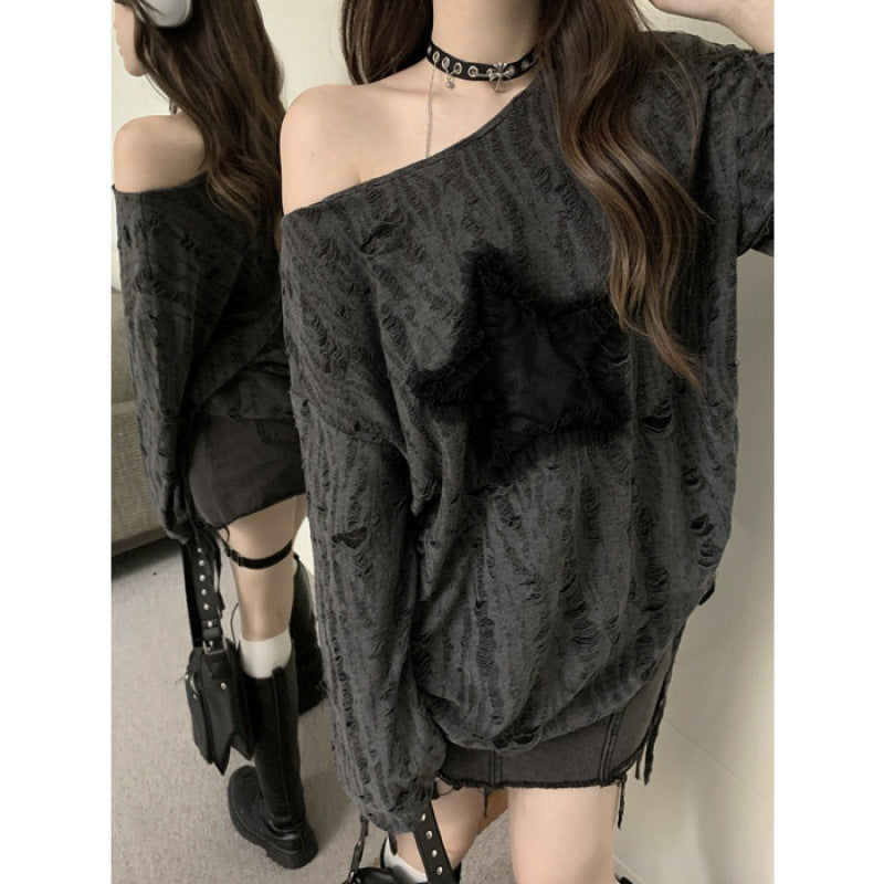 Women's Ripped Slant Shoulder Drawstring Cotton Blouse