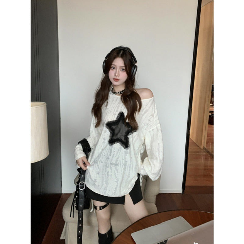 Women's Ripped Slant Shoulder Drawstring Cotton Blouse